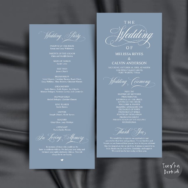 Programme Élégante cérémonie de mariage de script poussiéreu (Elegant Dusty Blue Script Wedding Ceremony Order Program Card)