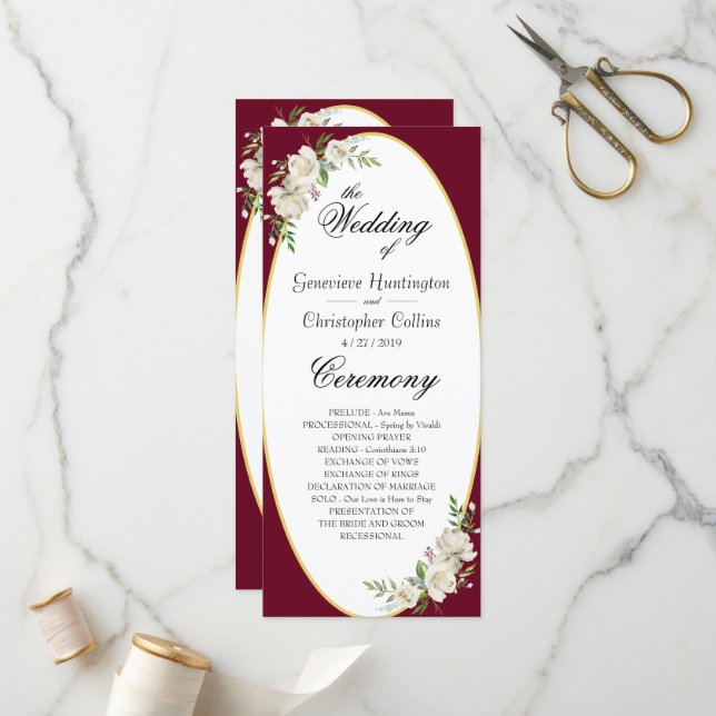 Programme Élégante cérémonie de Mariage floral Boho Burgundy (Devant/Arrière en situation)
