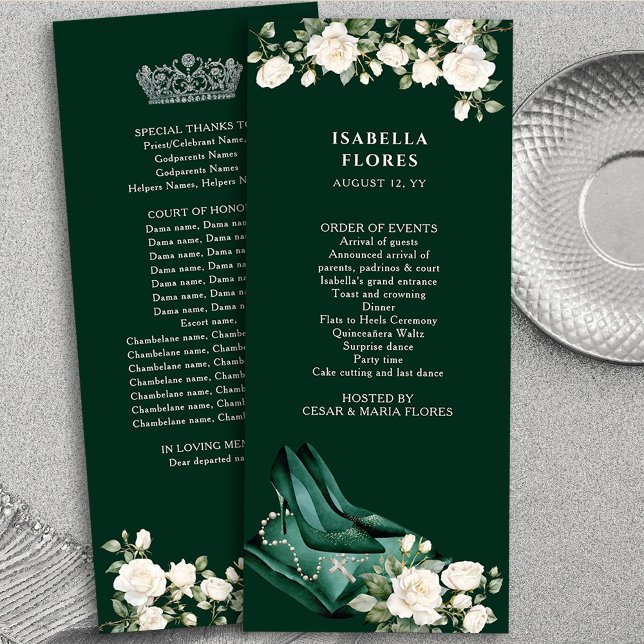 Programme Elégante quincaine verte émeraude Tiara et Rose (Program Cards from the Princess Dress and Roses Quinceanera Collection by Darling & May)