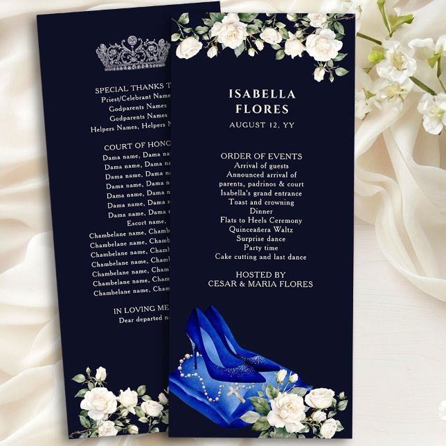Programme Elégante Quinceanera Bleue de minuit Tiara et Rose (Mis Quince Program from the Princess Dress and Roses Quinceanera collection by Darling & May)