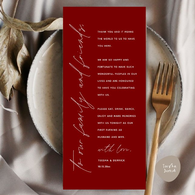 Programme Elégante réception de mariage pour les clients (Elegant Wedding Reception Thank You Card for Guest Dinner Dancing in Burgundy Wine Red)