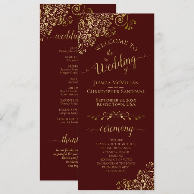 Programme Elégantes boucles d'or sur Auburn Brown Mariage (Devant / Derrière)