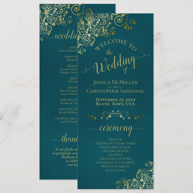Programme Élégantes Boucles Dorées Ornées sur un Mariage au  (Devant / Derrière)