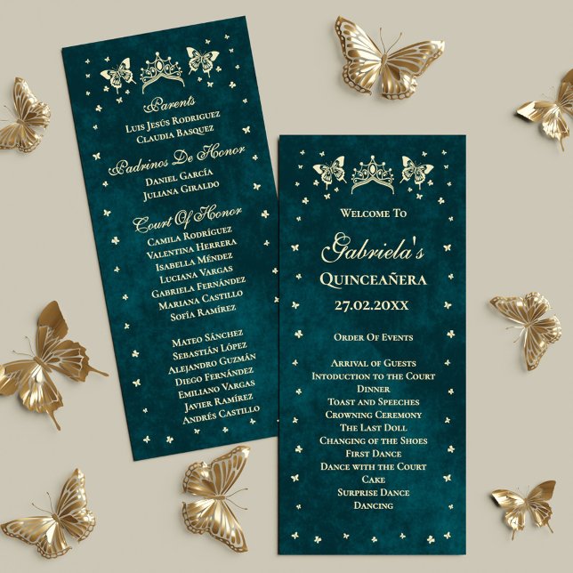 Programme Emerald Green Tiara Butterflies Quinceañera (Emerald Green Gold Tiara Butterflies Quinceañera Program)