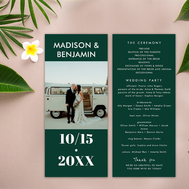 Programme Emerald Green White Photo Bold Mariage minimaliste (Front / Back)