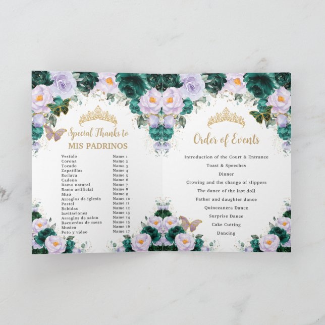 Programme Emerald Purple Floral Quinceañera Ordre des événem (Intérieur)