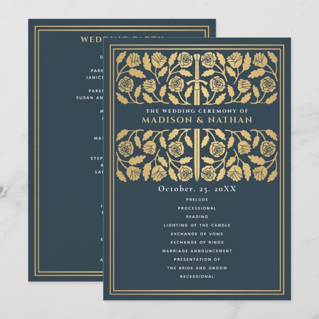 Programme Épée dorée médiévale grise pour mariage royal (Devant / Derrière)