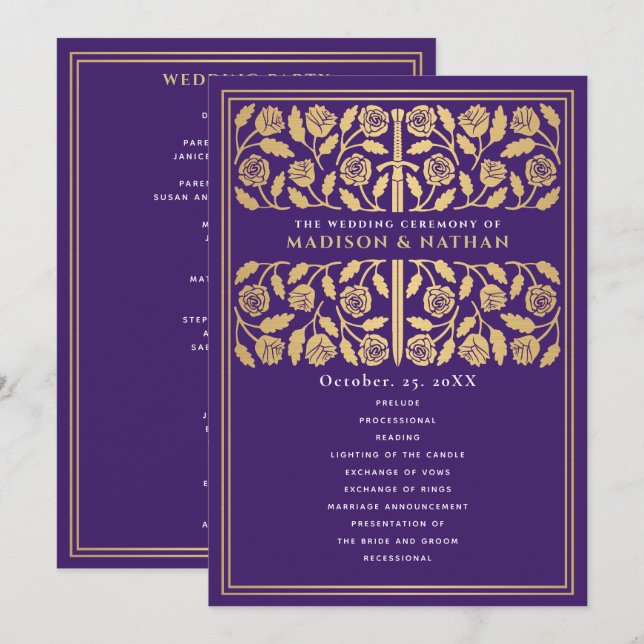 Programme Épée dorée médiévale violette Mariage royal (Devant / Derrière)