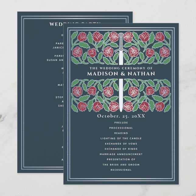Programme Épée florale argentée médiévale grise pour mariage (Devant / Derrière)