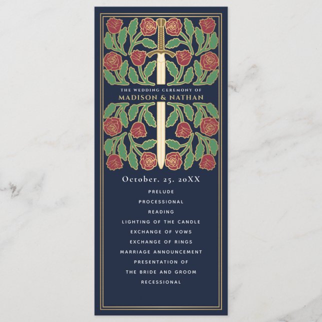 Programme Épée florale médiévale dorée bleue Mariage royal (Devant)