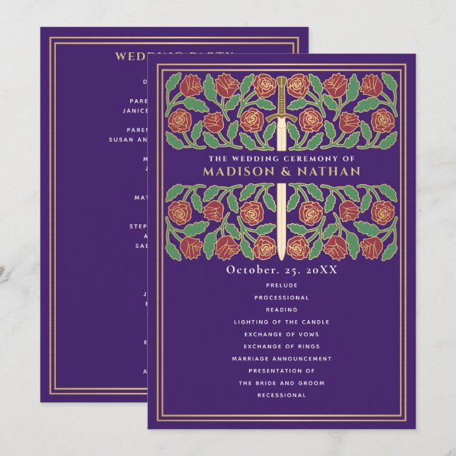 Programme Épée florale médiévale dorée violette Mariage roya (Devant / Derrière)