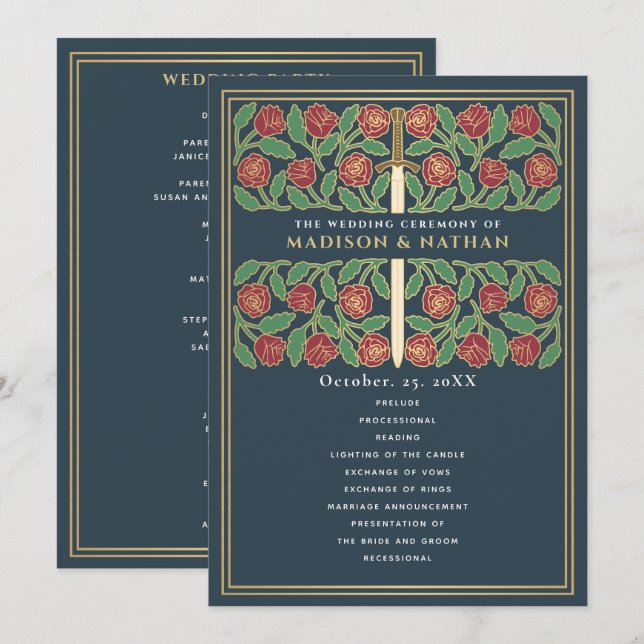 Programme Épée florale médiévale grise et or Mariage royal (Devant / Derrière)