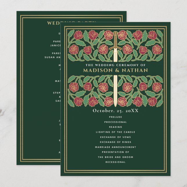 Programme Épée florale médiévale verte mariage royal doré (Devant / Derrière)