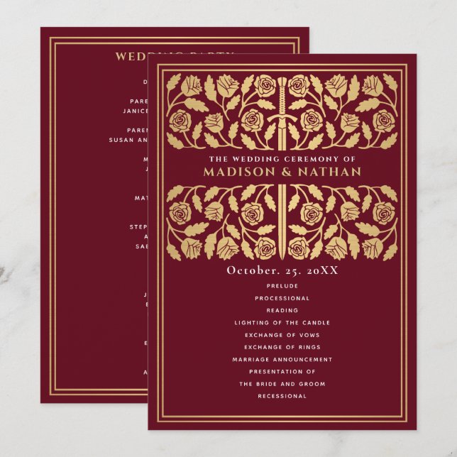 Programme Épée Royale de Mariage Médiéval Rouge en Or (Devant / Derrière)