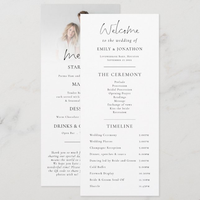 Programme et Menu combinés avec photo de mariage (Devant / Derrière)