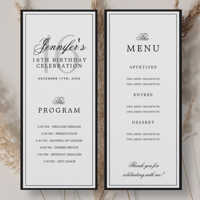 Programme et menu de fête d'anniversaire élégant p (Elegant 16th Birthday Party Program + Menu )