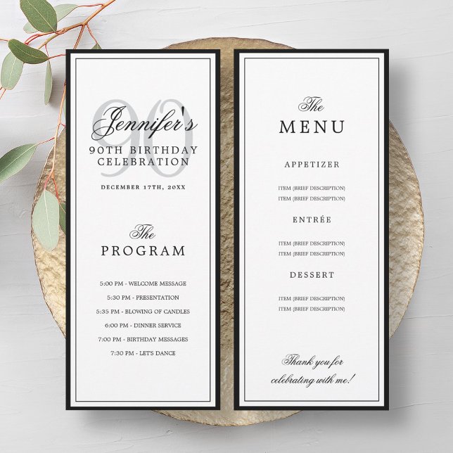 Programme et menu de fête d'anniversaire élégant p (Elegant 90th Birthday Party Program + Menu )
