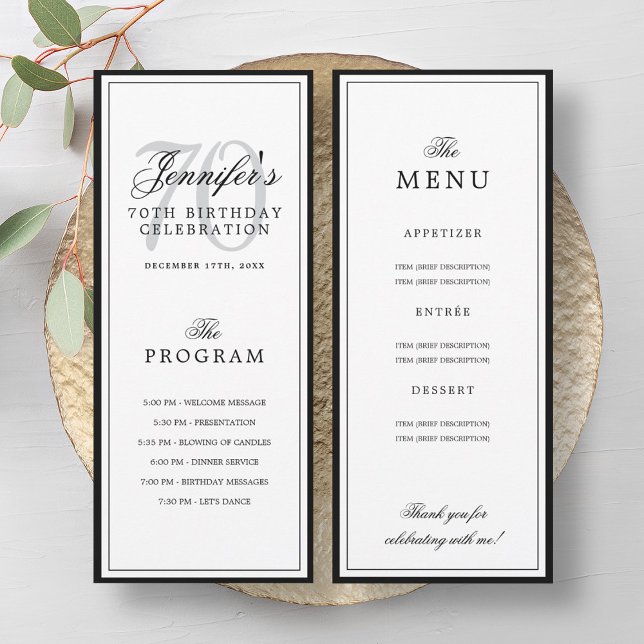 Programme et menu de fête d'anniversaire élégant p (Elegant 70th Birthday Party Program + Menu )