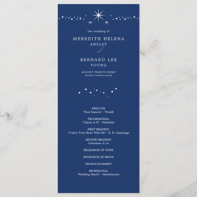 Programme Étoiles Élégantes Célestes Bleu Nuit Mariage Plat (Devant)