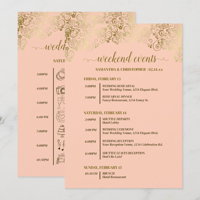 Programme Événements & calendrier de mariage corail pêche &  (Devant / Derrière)