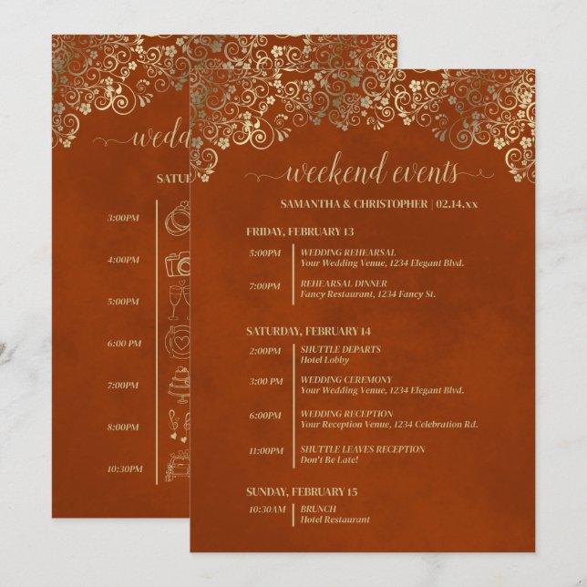 Programme Événements & Calendrier de Mariage Luxueux Orange  (Devant / Derrière)