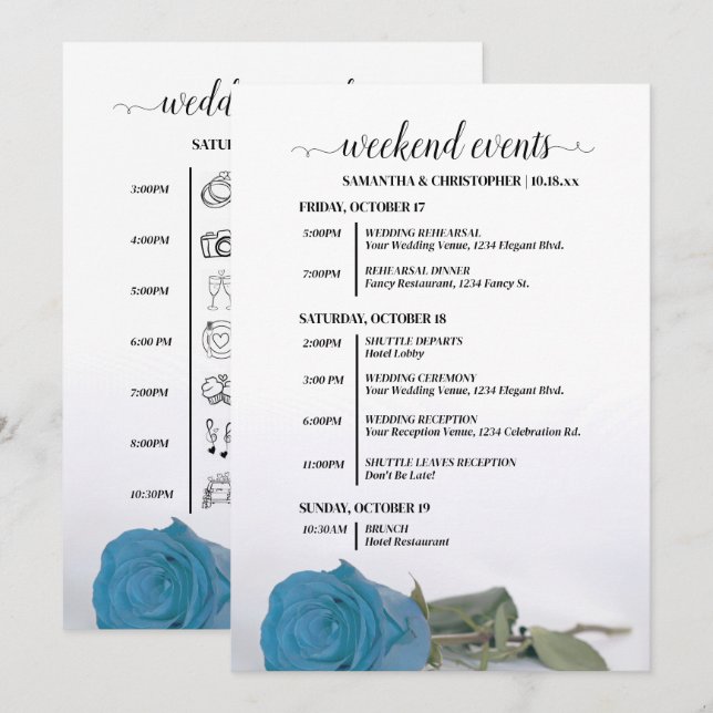 Programme Événements & Calendrier de Mariage Rose Bleu Turqu (Devant / Derrière)