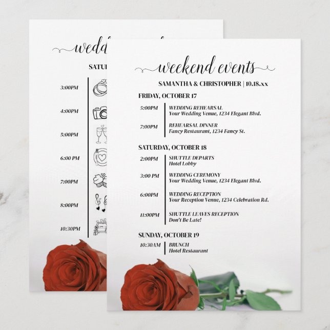 Programme Événements & Calendrier de Mariage Rose Orange Rou (Devant / Derrière)