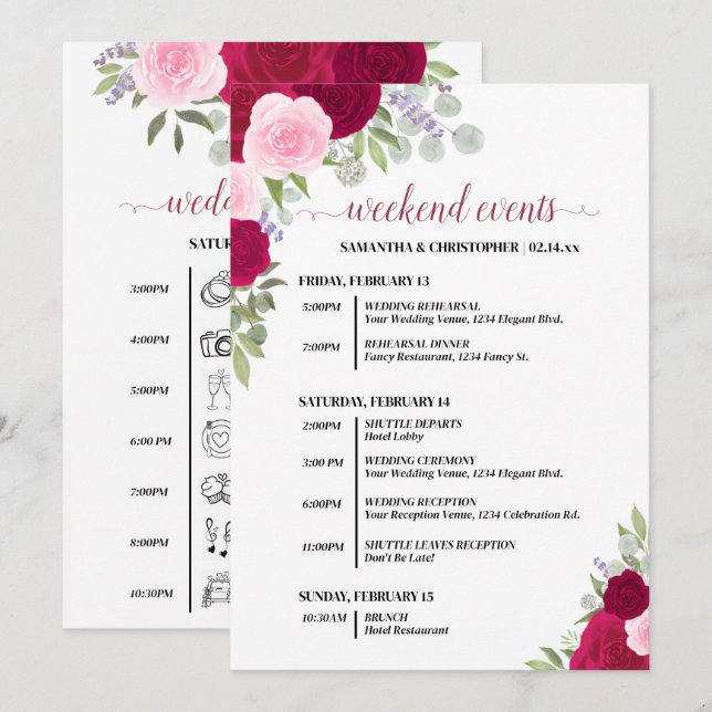Programme Événements & Calendrier de Mariage Roses Magenta & (Devant / Derrière)