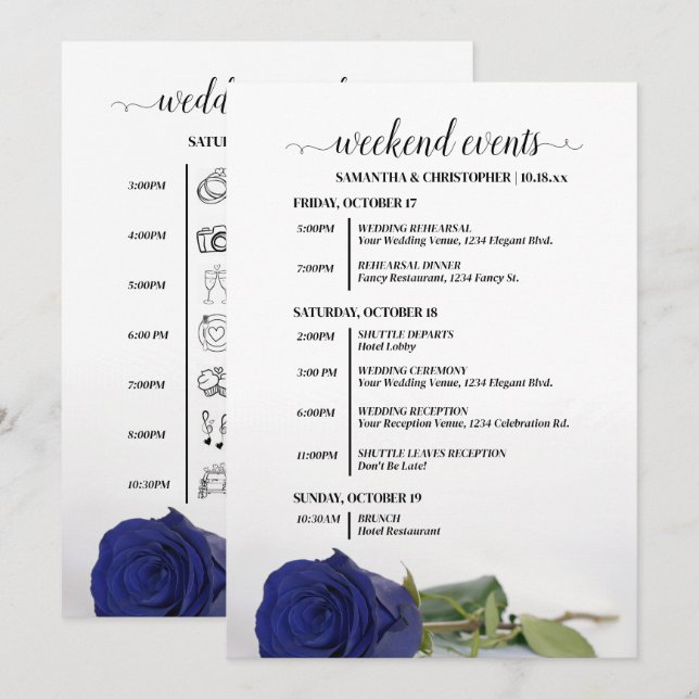 Programme Événements de mariage bleu marine élégant et timel (Devant / Derrière)