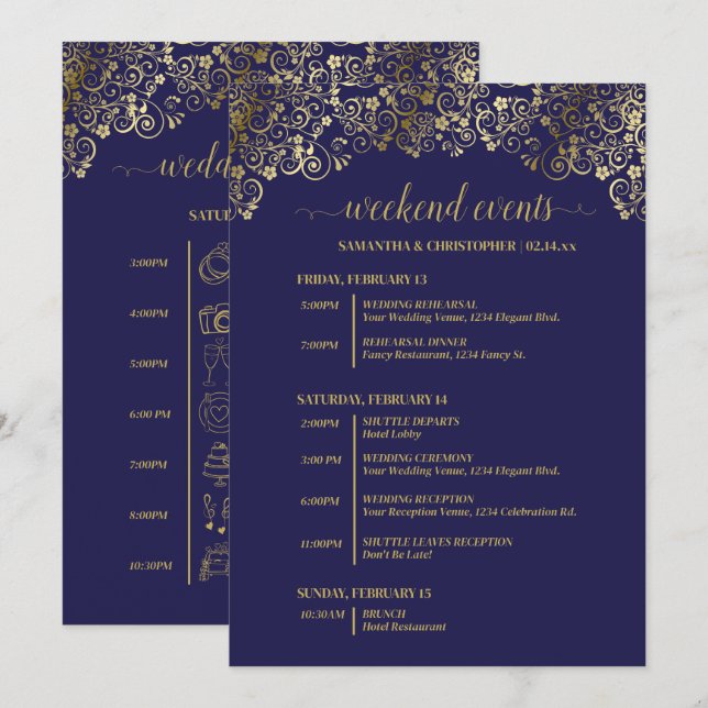 Programme Événements de mariage bleu marine et or ornés & ca (Devant / Derrière)