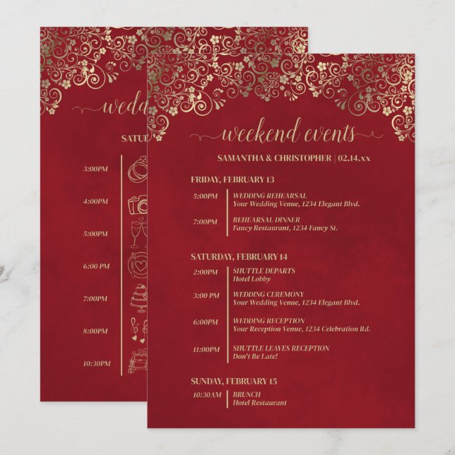 Programme Événements de mariage élégants rouges et or & cale (Devant / Derrière)