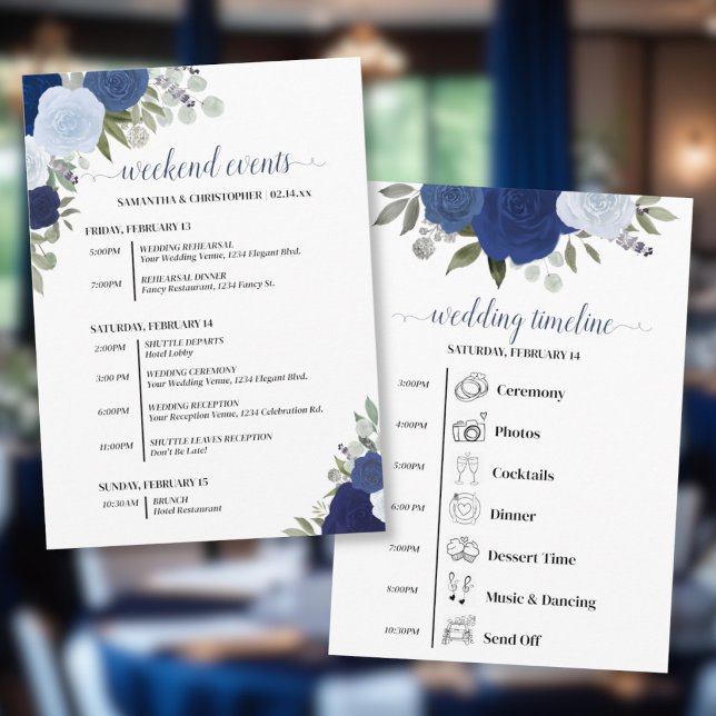 Programme Événements de mariage et calendrier Roses Bleu Boh (Front/Back)