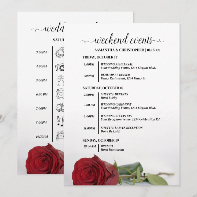 Programme Événements de mariage et timeline de rose rouge él (Devant / Derrière)