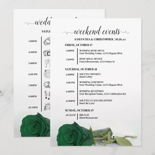 Programme Événements de mariage et timeline Rose Vert Émerau (Devant / Derrière)