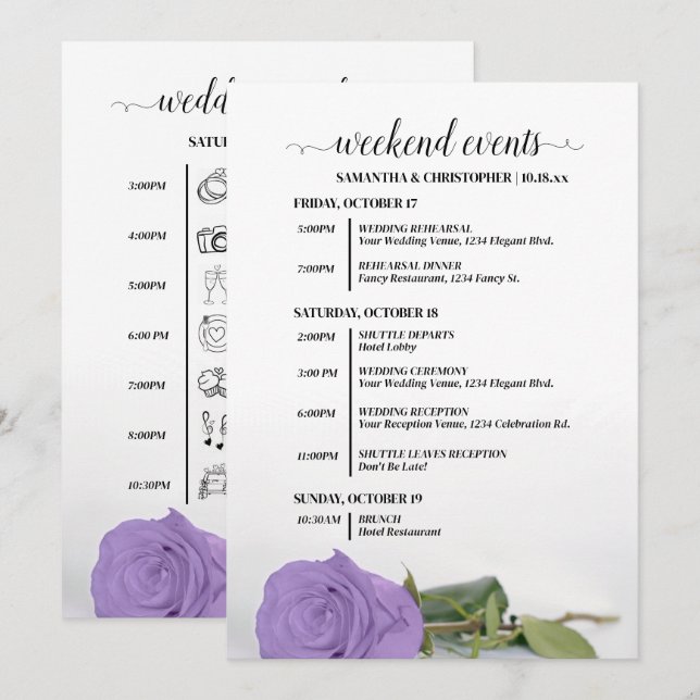 Programme Événements de mariage et timeline Rose Violet Lava (Devant / Derrière)