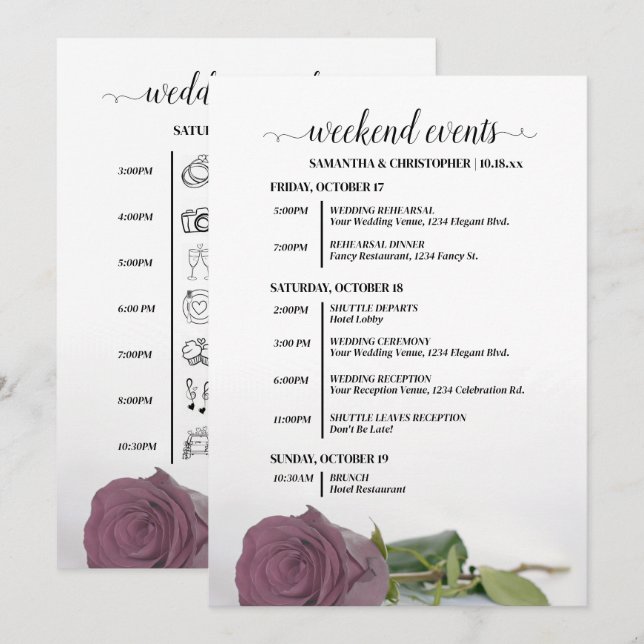 Programme Événements de mariage Fancy Dusty Mauve Rose & Cal (Devant / Derrière)