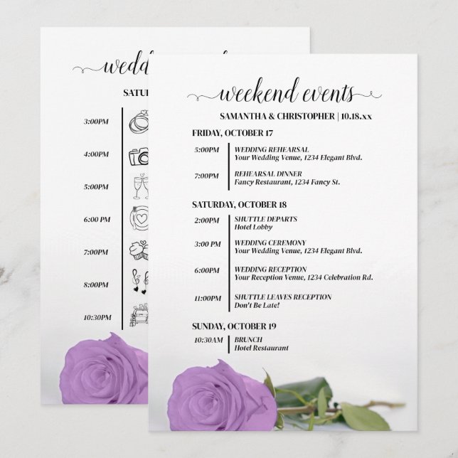 Programme Événements de mariage fantaisie rose lilas violet  (Devant / Derrière)