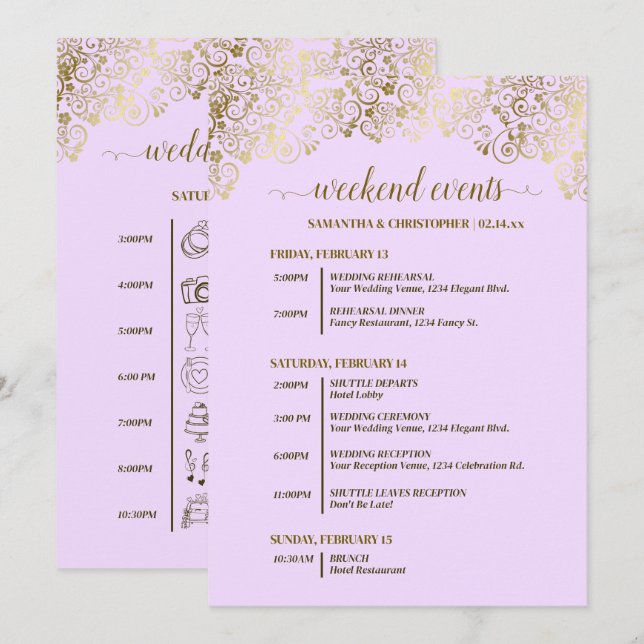 Programme Événements de mariage lilas et or ornés & calendri (Devant / Derrière)