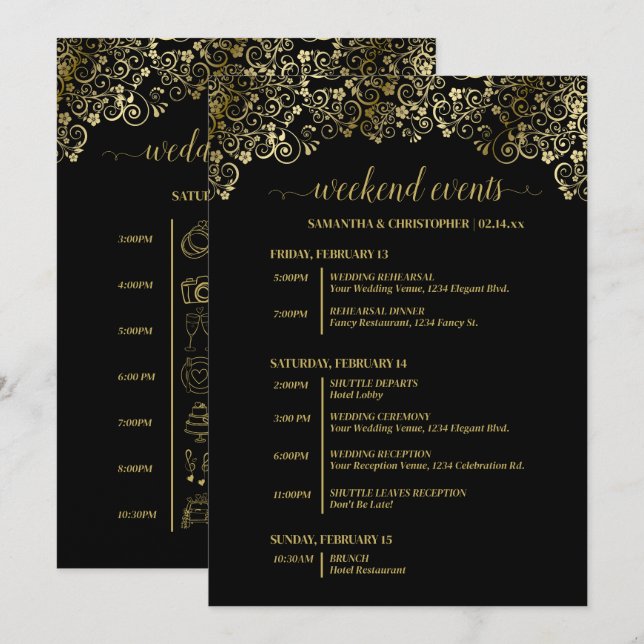 Programme Événements de mariage noir et or ornés et calendri (Devant / Derrière)