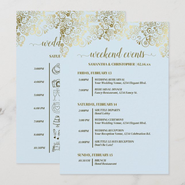 Programme Événements de mariage ornés bleu pâle et or & cale (Devant / Derrière)