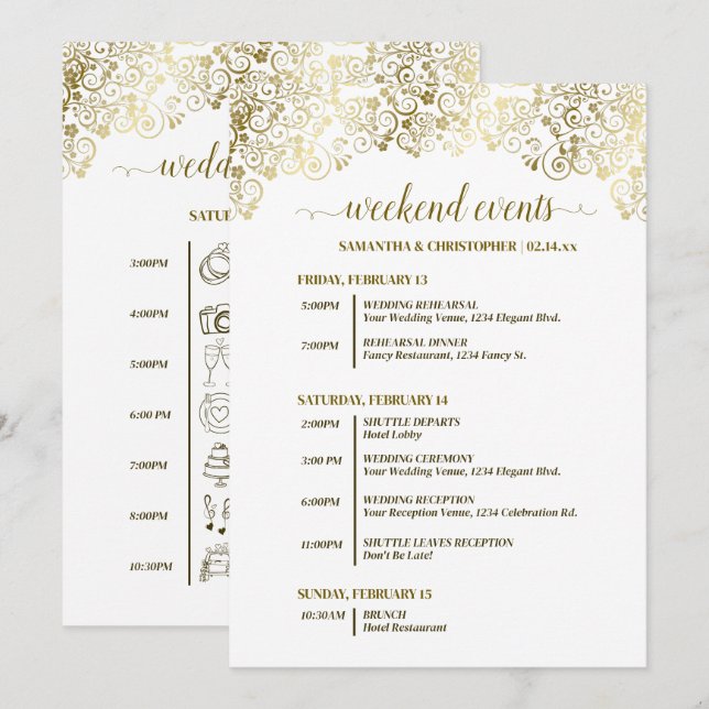 Programme Événements de mariage ornés d'or et de blanc & Cal (Devant / Derrière)