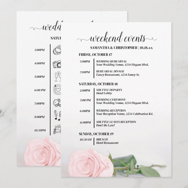 Programme Événements de mariage rose pâle élégant et timelin (Devant / Derrière)