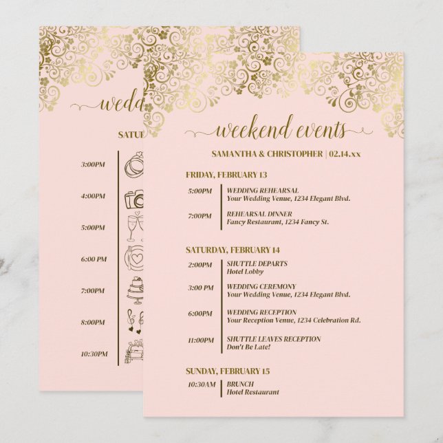 Programme Événements de mariage rose poudré et or & calendri (Devant / Derrière)