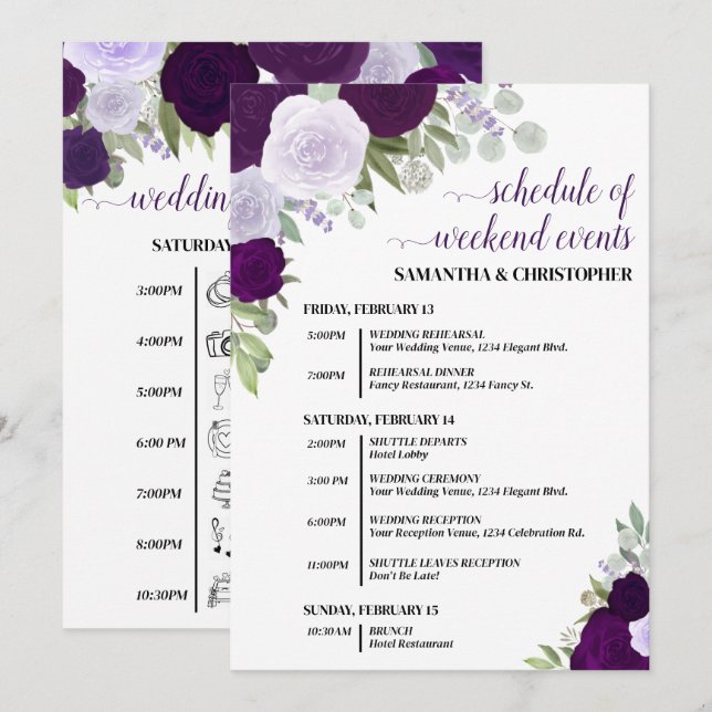 Programme Événements et calendrier de mariage Roses Boho vio (Devant / Derrière)