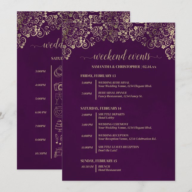 Programme Événements & Timeline de Mariage Élégant Prune & O (Devant / Derrière)