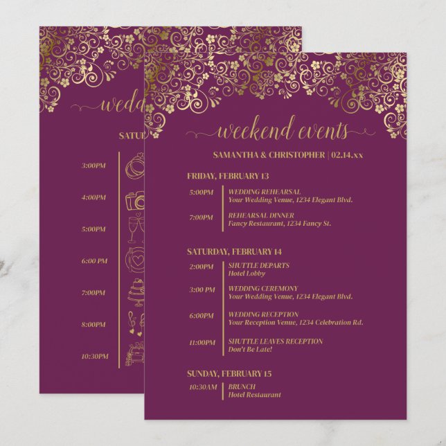 Programme Événements & Timeline de Mariage Magenta Plum & Or (Devant / Derrière)