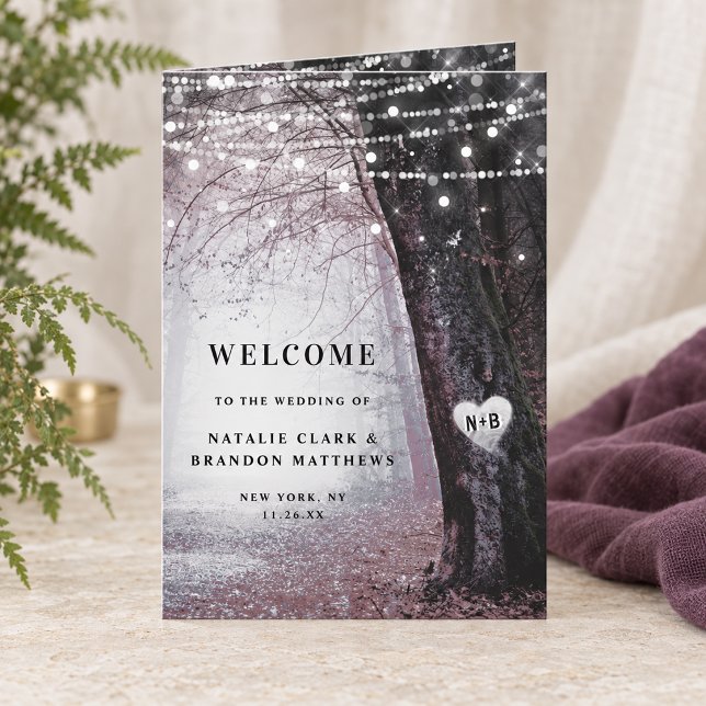 Programme Evermore | Cérémonie de mariage dans la forêt ench (Mauve Evermore enchanted forest folded wedding ceremony program with personalized cover. Styling props are not included.)