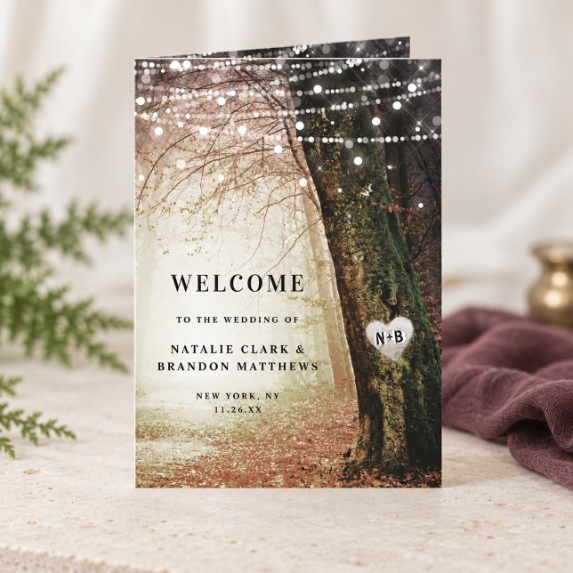 Programme Evermore | Cérémonie de mariage dans une forêt de  (Amber Evermore enchanted forest folded wedding ceremony program with personalized cover. Styling props are not included.)