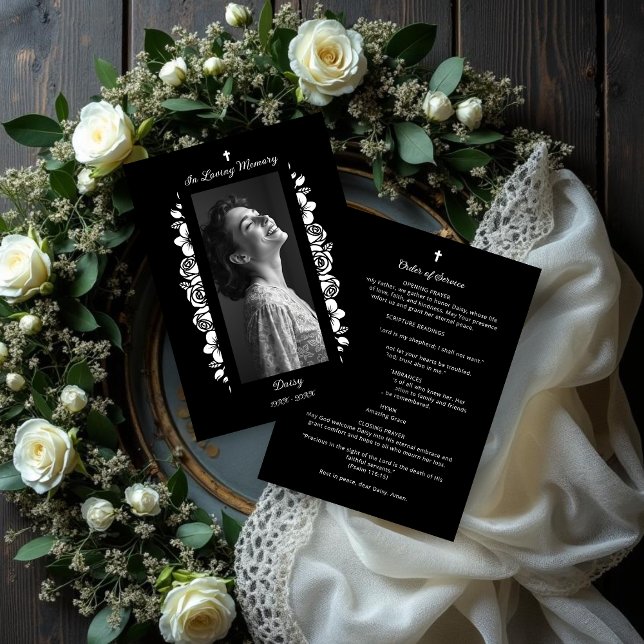 Programme Exquisite Minimalist Floral Black & White Floral (Exquisite Minimalist Floral Black & White Floral Garlands Funeral Programs.)