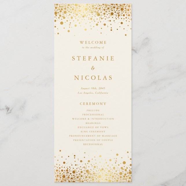 Programme Faux confettis en feuille d'or doré mariage ivoire (Devant)
